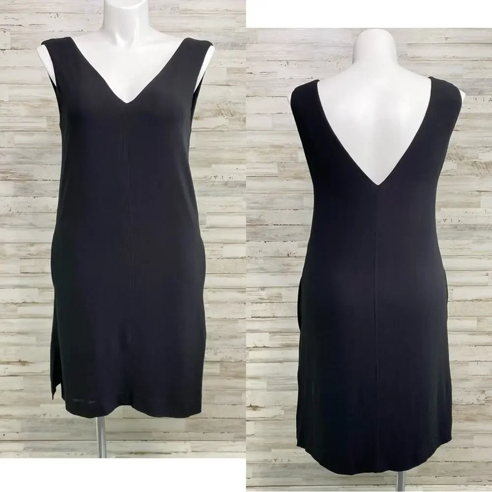 L'Agence Crepe Shift Dress Womens Size 8 Black Pockets V-Neck & Back Side Slits